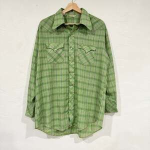 Vintage 70s Green Plaid Pearl Snap Western Button Up Shirt, Size L